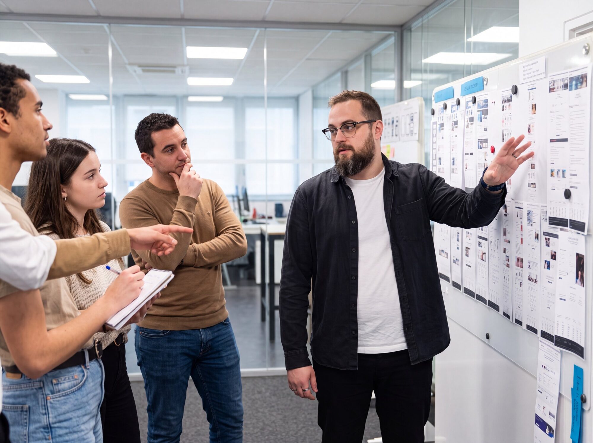 Philippe Elovenko anime un atelier UX devant un mur de wireframes chez Groupe ADP