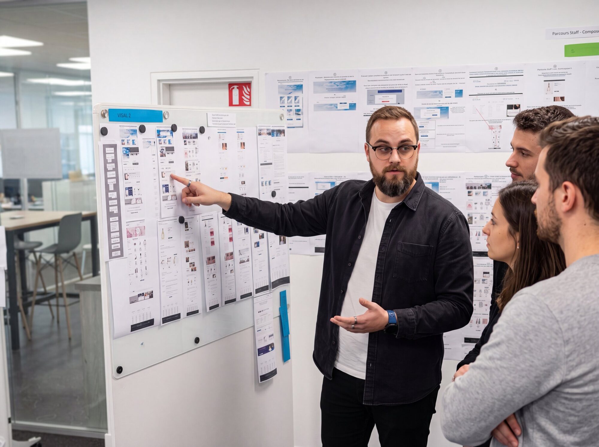 Philippe Elovenko anime un atelier UX devant le mur de wireframes, en discussion avec l'équipe Groupe ADP