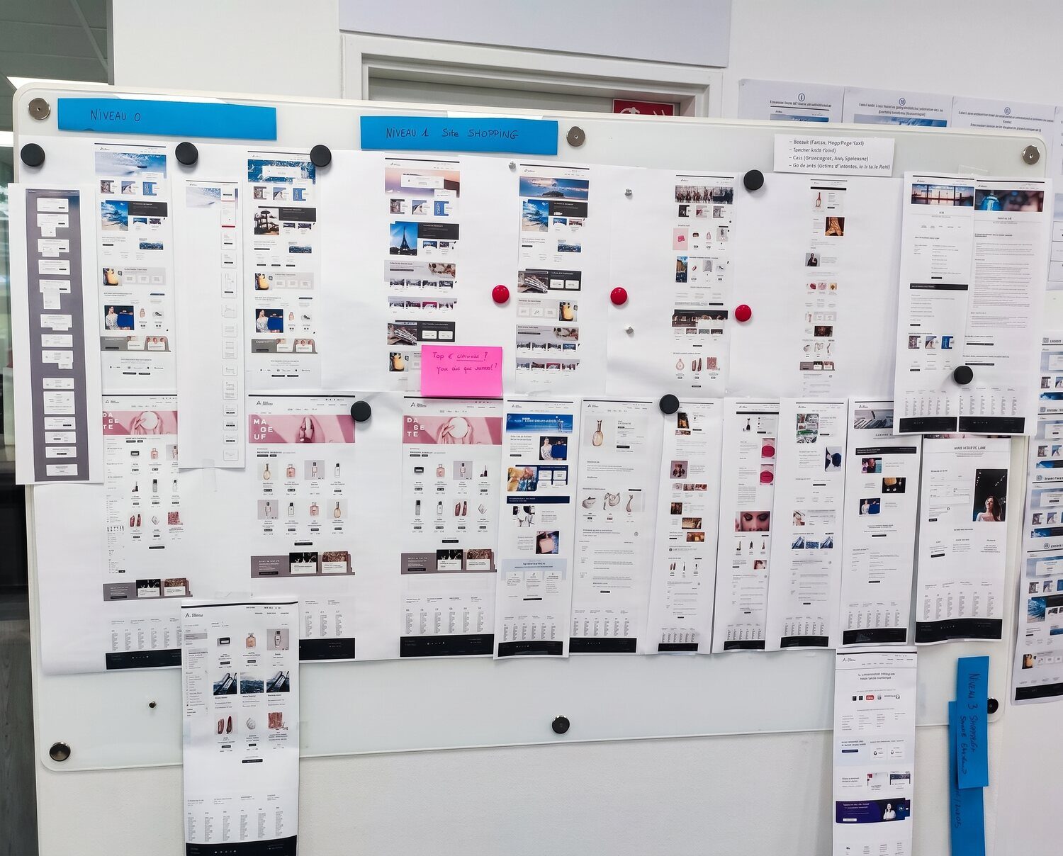 Mur de wireframes des parcours Boutique en Ligne, étape par étape