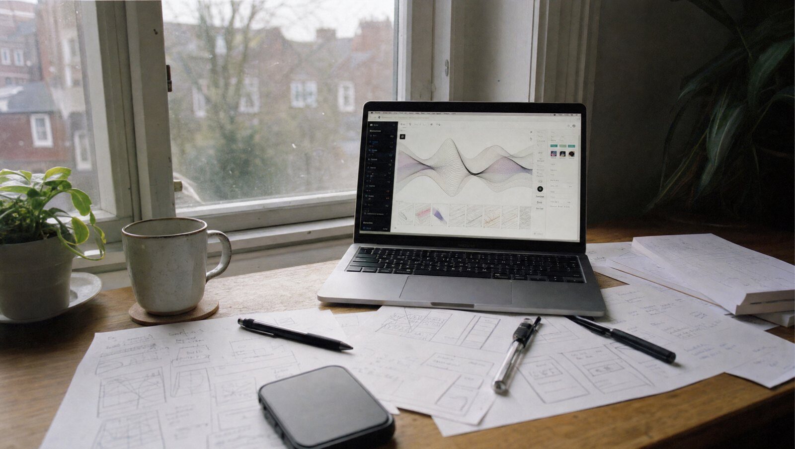 Espace de travail design avec une interface d'IA générative et des wireframes